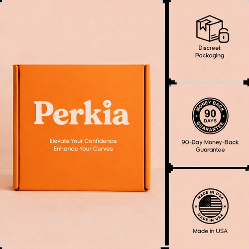 Orange box with 'Perkia' branding and product features on a beige background