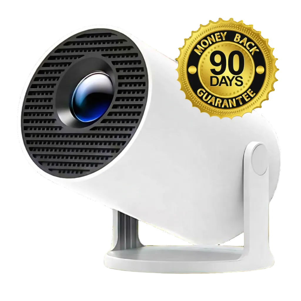 White security camera with a '90 Days Money Back Guarantee' badge on a black background